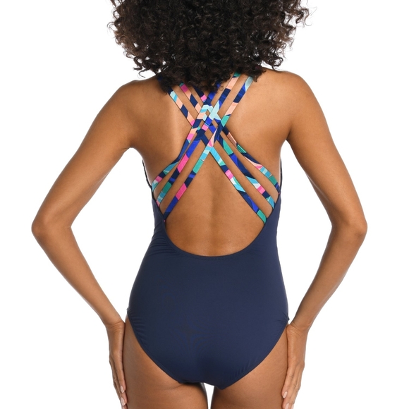 La Blanca Painted Leaves Multi-Strap Cross-Back One Piece  - Picture 4 of 14